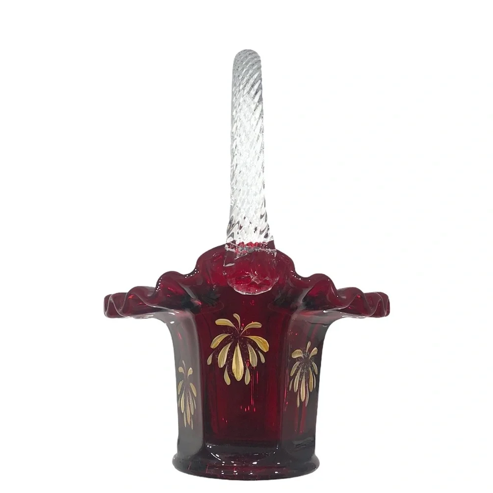 FENTON GOD BLESS AMERICA HAND PAINTED PATRIOTIC RED GLASS BASKET